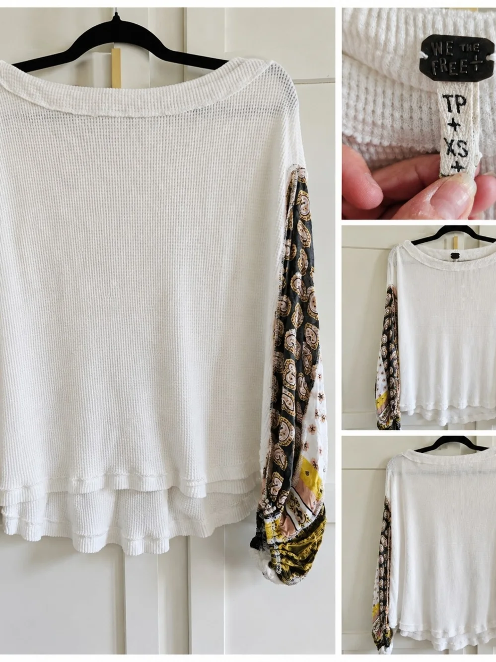 We The Free White Waffle Boho Style Knit Top with Patterned Balloon Sleeves
